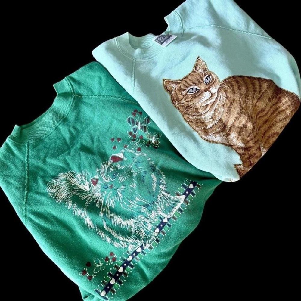 Vintage‎ 1970s Bundle 2 Cat Sweatshirts Raglan Sleeve S/M USA Made Kittens